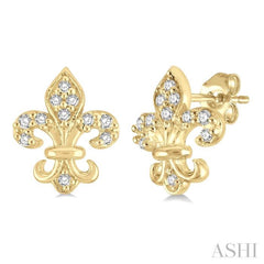 1/20 Ctw Fleur De Lis Round Cut Diamond Petite Earrings in 10K Yellow Gold