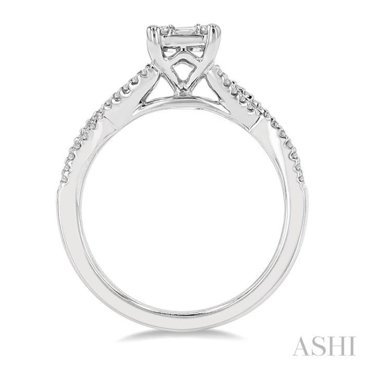 1/2 ctw Split Crisscross Shank Fusion Baguette and Round Cut Diamond Engagement Ring in 14K White Gold