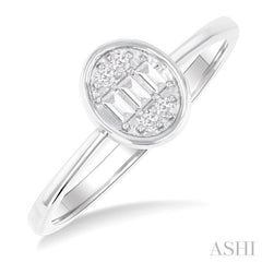 1/6 Ctw Petite Bezel Set Oval Shape Fusion Baguette and Round Cut Diamond Fashion Ring in 10K White Gold