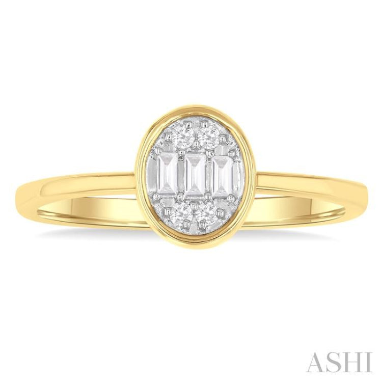 1/6 Ctw Petite Bezel Set Oval Shape Fusion Baguette and Round Cut Diamond Fashion Ring in 10K Yellow Gold