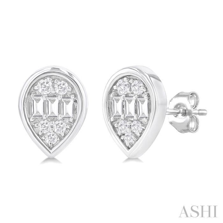 1/5 Ctw Petite Bezel Set Pear Shape Fusion Baguette and Round Cut Diamond Fashion Stud Earring in 10K White Gold