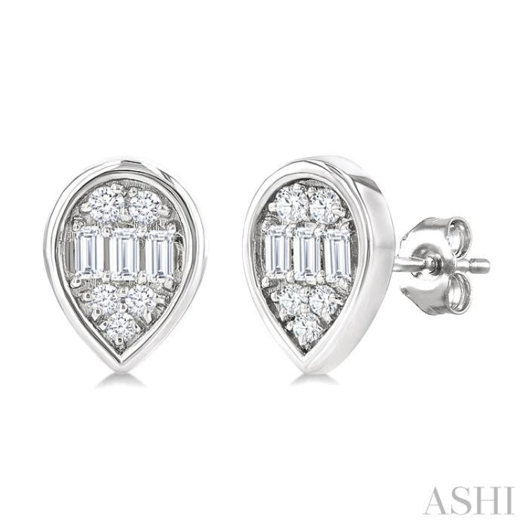 1/5 Ctw Petite Bezel Set Pear Shape Fusion Baguette and Round Cut Diamond Fashion Stud Earrings in 10K White Gold