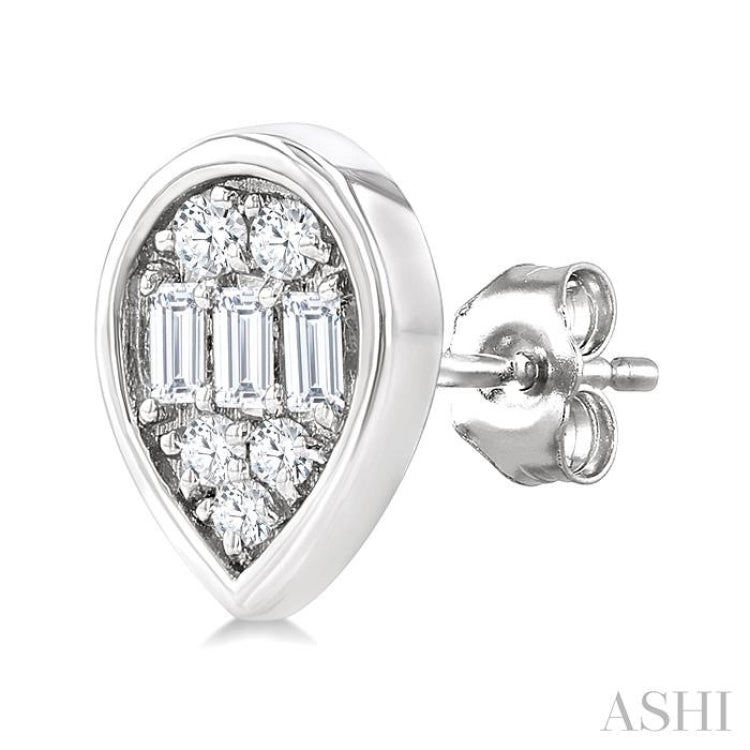 1/5 Ctw Petite Bezel Set Pear Shape Fusion Baguette and Round Cut Diamond Fashion Stud Earrings in 10K White Gold
