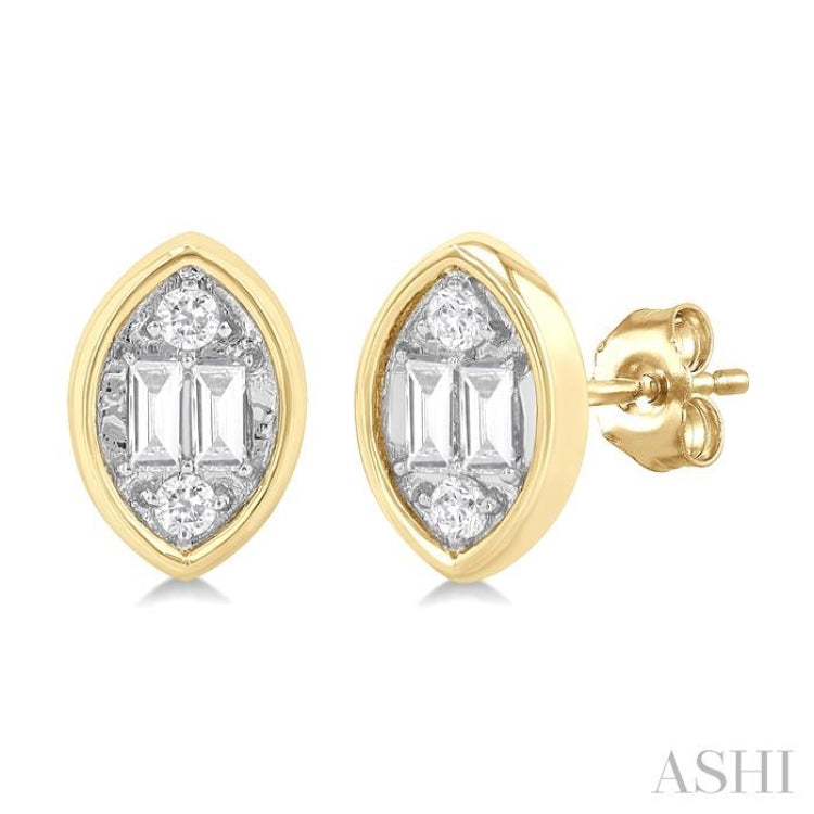 1/5 Ctw Petite Bezel Set Marquise Shape Fusion Baguette and Round Cut Diamond Fashion Stud Earring in 10K Yellow Gold