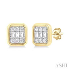 1/5 Ctw Petite Bezel Set Emerald Shape Fusion Baguette and Round Cut Diamond Fashion Stud Earring in 10K Yellow Gold