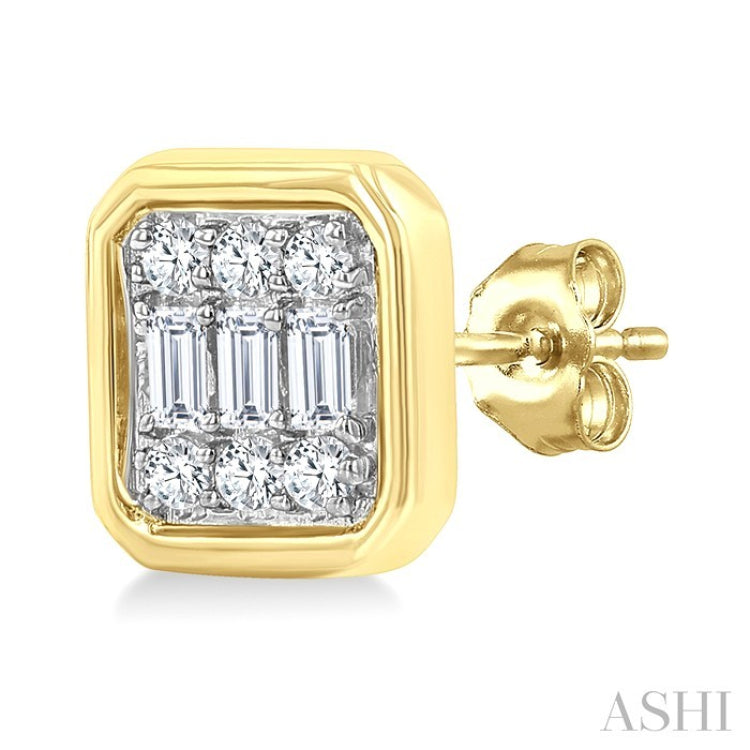 1/5 Ctw Petite Bezel Set Emerald Shape Fusion Baguette and Round Cut Diamond Fashion Stud Earrings in 10K Yellow Gold