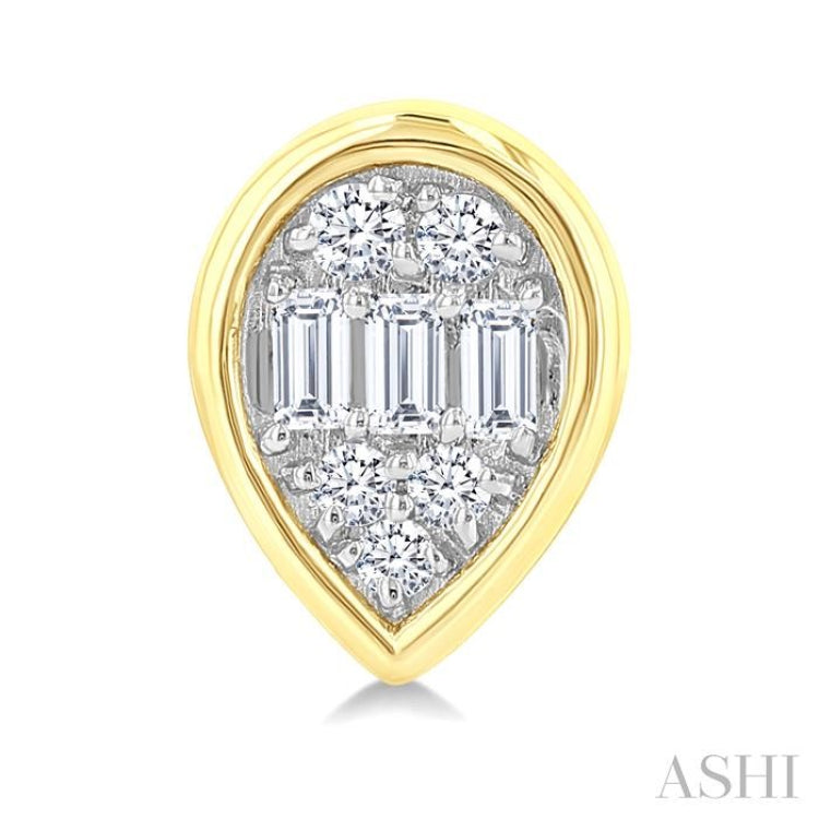 1/5 Ctw Petite Bezel Set Pear Shape Fusion Baguette and Round Cut Diamond Fashion Stud Earrings in 10K Yellow Gold
