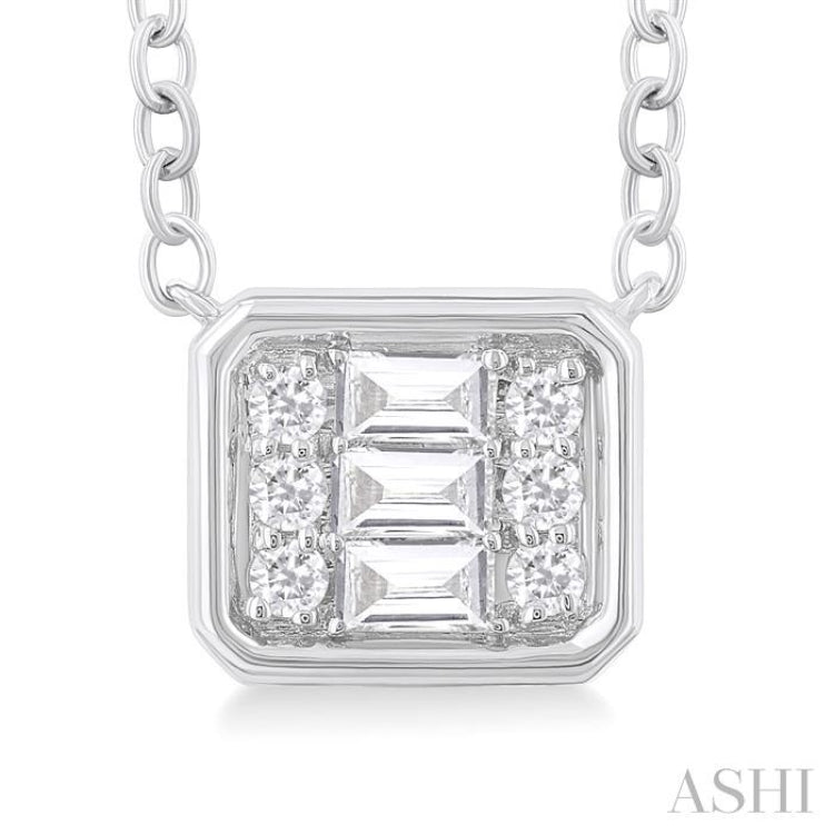 1/6 Ctw Petite Bezel Set East-West Emerald Shape Fusion Baguette and Round Cut Diamond Fashion Pendant With Chain in 10K White Gold