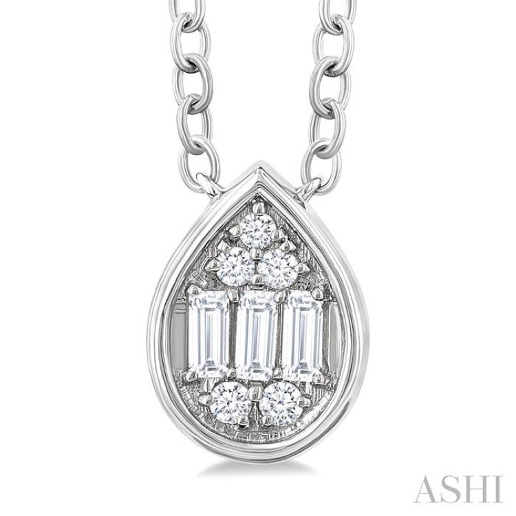 1/6 Ctw Petite Bezel Set Pear Shape Fusion Baguette and Round Cut Diamond Fashion Pendant With Chain in 10K White Gold