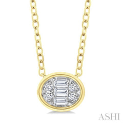 1/6 Ctw Petite Bezel Set East-West Oval Shape Fusion Baguette and Round Cut Diamond Fashion Pendant With Chain in 10K Yellow Gold