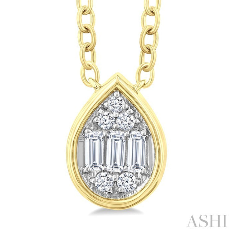 1/6 Ctw Petite Bezel Set Pear Shape Fusion Baguette and Round Cut Diamond Fashion Pendant With Chain in 10K Yellow Gold