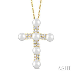 4 MM Cross Cultured Pearl and 1/5 Ctw Round Cut Diamond Semi-Precious Fashion Pendant With Chain in 10K Yellow Gold
