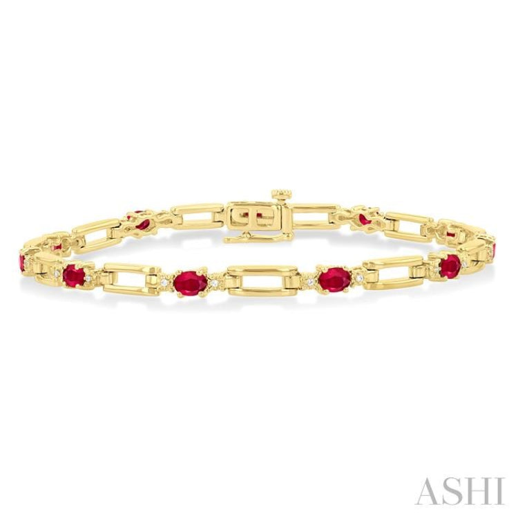 1/10 ctw Oval Cut 4X3 MM Ruby and Round Cut Diamond Paper Clip Bracelet in 14K Yellow Gold