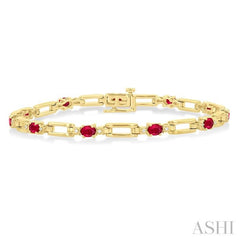 1/10 ctw Oval Cut 4X3 MM Ruby and Round Cut Diamond Paper Clip Bracelet in 14K Yellow Gold