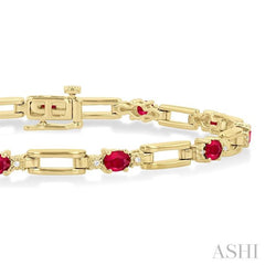 1/10 ctw Oval Cut 4X3 MM Ruby and Round Cut Diamond Paper Clip Bracelet in 14K Yellow Gold