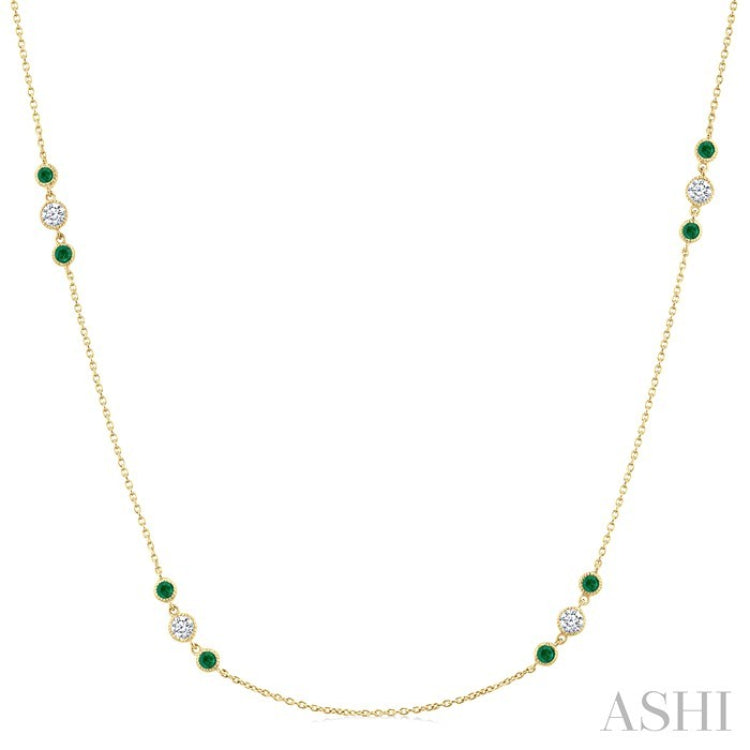 2.25 MM Emerald and 1/2 Ctw Round Cut Diamond Precious Station Necklace in 14K Yellow Gold