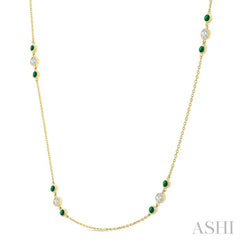2.25 MM Emerald and 1/2 Ctw Round Cut Diamond Precious Station Necklace in 14K Yellow Gold