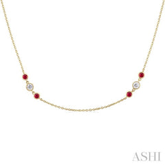2.25 MM Ruby and 1/2 Ctw Round Cut Diamond Precious Station Necklace in 14K Yellow Gold