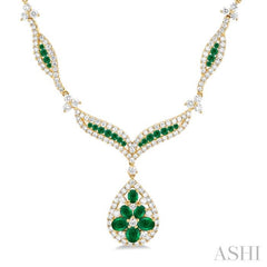 3 1/6 ctw Chevron Floral Accent Emerald and Round Cut Diamond Precious Necklace in 14K Yellow Gold