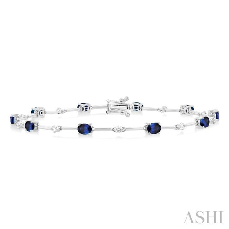 4X3MM Oval Cut Sapphire and 1/3 ctw Round Cut Diamond Precious Bar Bracelet in 10K White Gold