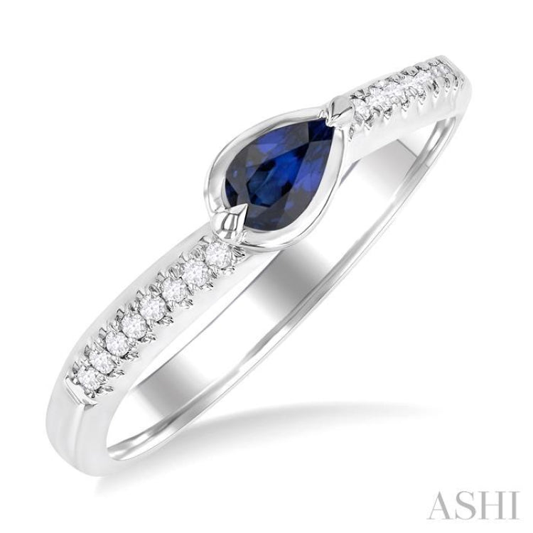 5X3MM East-West Set Pear Cut Sapphire and 1/20 ctw Single Cut Diamond Precious Fashion Ring in 14K White Gold