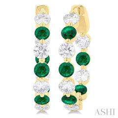 3.3MM Round Cut Emerald and 1 5/8 ctw Round Cut Diamond Precious Inside-Out Alternating Hoop Earrings in 14K Yellow Gold