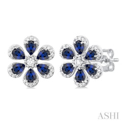 1/3 ctw Floral Blossom 4X3 MM Pear Cut Sapphire and Round Cut Diamond Precious Stud Earring in 14K White Gold