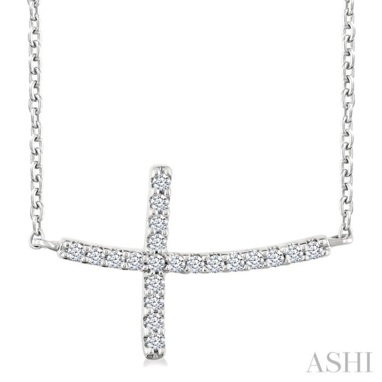 1/10 Ctw Petite Sideways Cross Round Cut Diamond Fashion Pendant With Chain in 10K White Gold