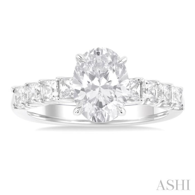 1 1/3 Ctw Oval Shape Princess and Round Cut Diamond Semi Mount Engagement Ring in 14K White Gold