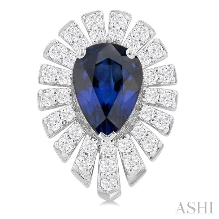 1/3 Ctw Starburst 5X3 MM Pear Cut Sapphire and Round Cut Diamond Precious Stud Earring in 14K White Gold