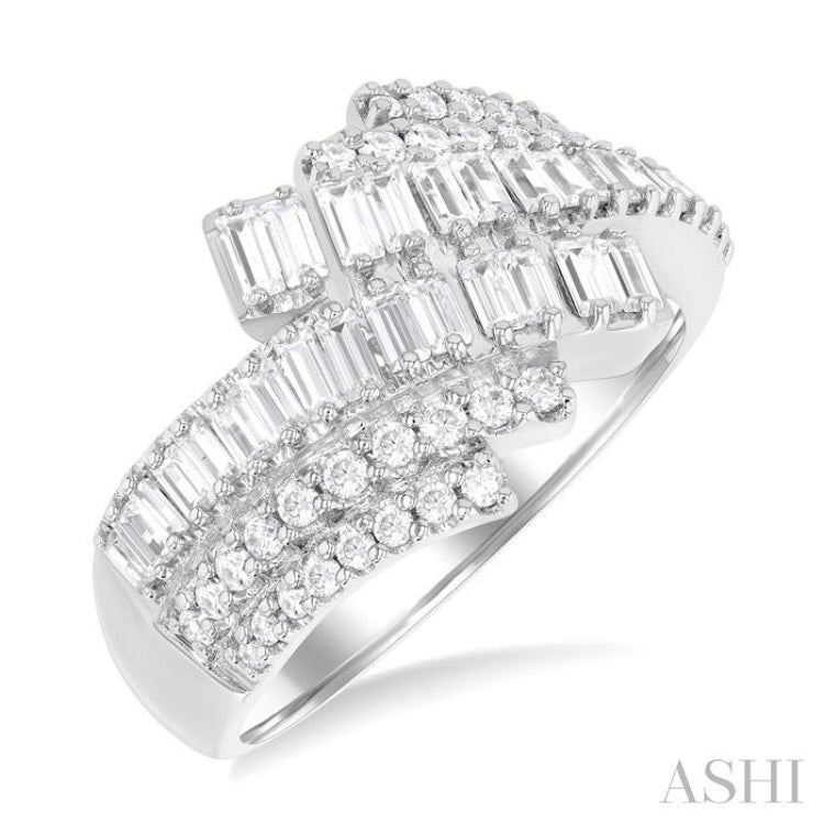 1 Ctw Triple Row Bypass Fusion Baguette and Round Cut Diamond Fashion Ring in 14K White Gold