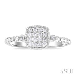 1/8 Ctw Petite Bead Shank Cushion Shape Center Round Cut Diamond Fashion Ring in 10K White Gold