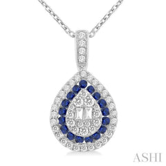 1.25 MM & 1.45 MM Pear Shape Sapphire and 1/4 Ctw Baguette and Round Cut Diamond Precious Pendant With Chain in 14K White Gold