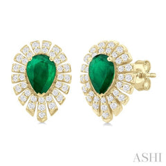 1/3 Ctw Starburst 5X3 MM Pear Cut Emerald and Round Cut Diamond Precious Stud Earring in 14K Yellow Gold