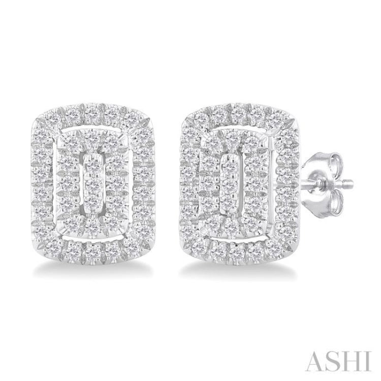 1/5 Ctw Double Halo Emerald Shape Petite Round Cut Diamond Fashion Stud Earrings in 10K White Gold
