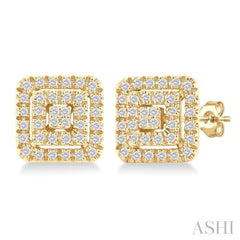 1/5 ctw Double Halo Square Shape Petite Round Cut Diamond Fashion Stud Earring in 10K Yellow Gold