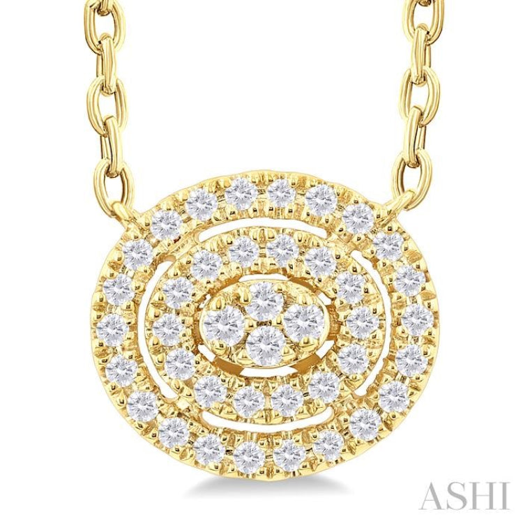 1/6 ctw Double Halo Oval Shape Petite  Round Cut Diamond Fashion Pendant With Chain in 10K Yellow Gold