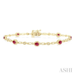 1/20 Ctw Pear Cut 4X3 MM Ruby and Round Cut Diamond Precious Fashion Bracelet in 10K Yellow Gold