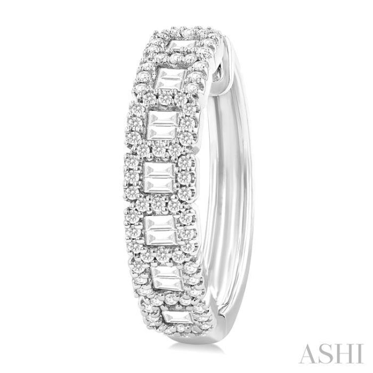 1 ctw Fusion Baguette and Round Cut Diamond Fashion Hoop Earring in 14K White Gold
