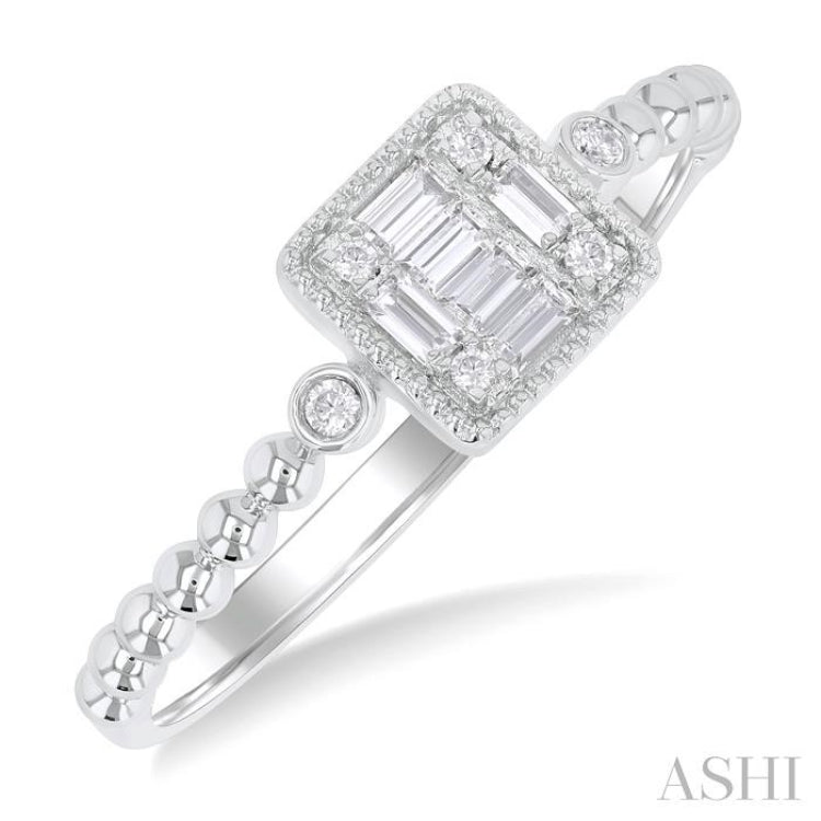 1/8 Ctw Petite Bead Shank Square Shape Center Round Cut Diamond Fashion Ring in 10K White Gold