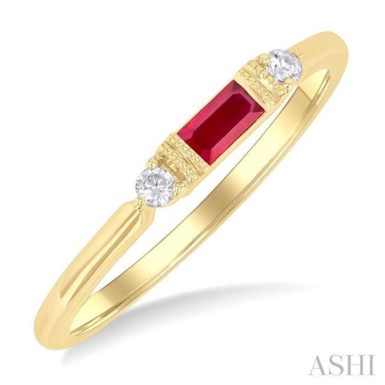 4X2 MM Baguette Cut Ruby and 1/20 Ctw Round Cut Diamond Precious Fashion Ring in 10K Yellow Gold