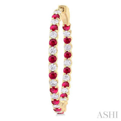 2.3MM Round Ruby and 1 1/2 ctw Round Cut Diamond Inside & Outside Alternating Precious Hoop Earrings in 14K Yellow Gold