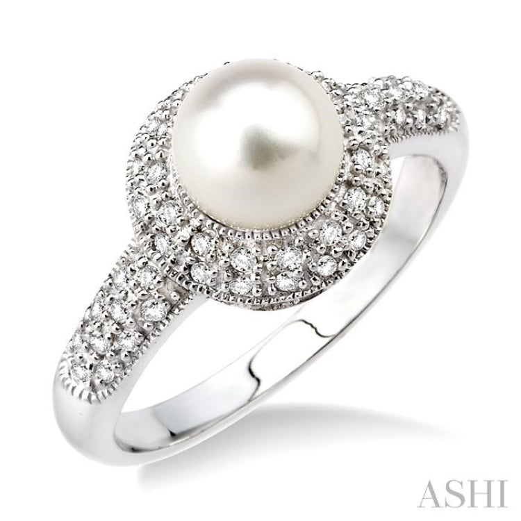 6.5 MM Cultured Pearl and 1/4 Ctw Single Cut Diamond Ring in 14K White Gold