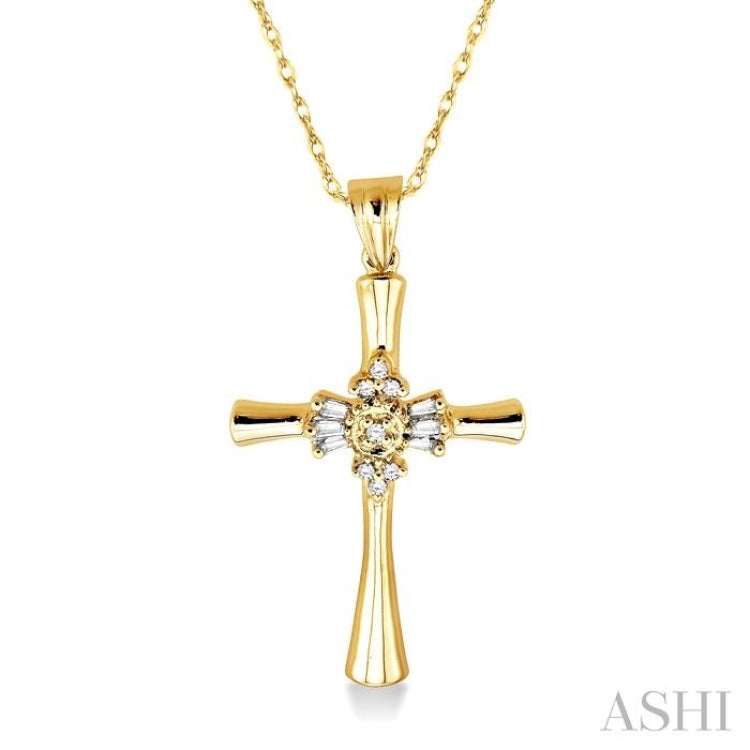 1/6 Ctw Baguette and Round Cut Diamond Cross Pendant in 14K Yellow Gold with Chain