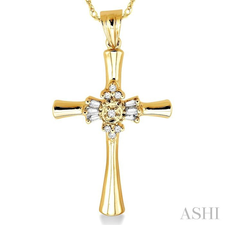 1/6 Ctw Baguette and Round Cut Diamond Cross Pendant in 14K Yellow Gold with Chain