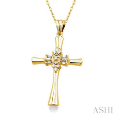 1/6 Ctw Baguette and Round Cut Diamond Cross Pendant in 10K Yellow Gold with Chain