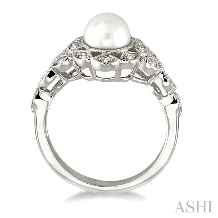 6.5 MM Cultured Pearl and 1/8 Ctw Round Cut Diamond Ring in 14K White Gold