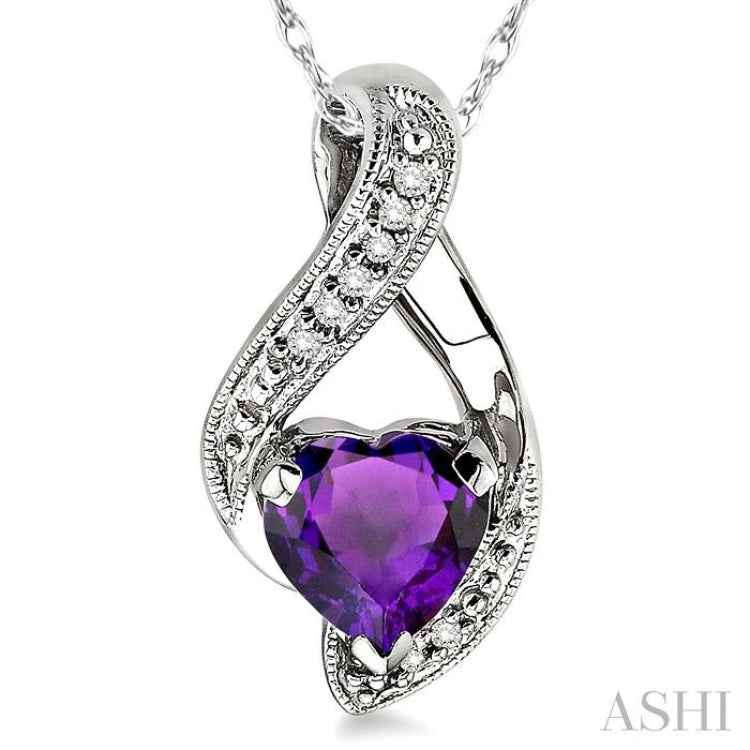 7mm Heart Shape Amethyst and 1/20 Ctw Single Cut Diamond Semi Precious Pendant in 14K White Gold with Chain