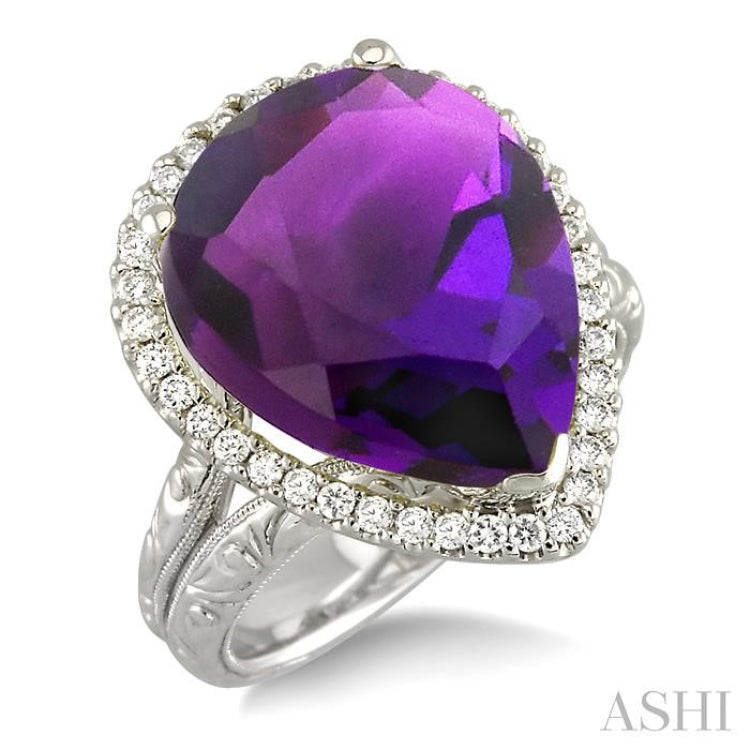 16x13mm Pear Shape Amethyst and 1/3 Ctw Round Cut Diamond Semi Precious Ring in 14K White Gold