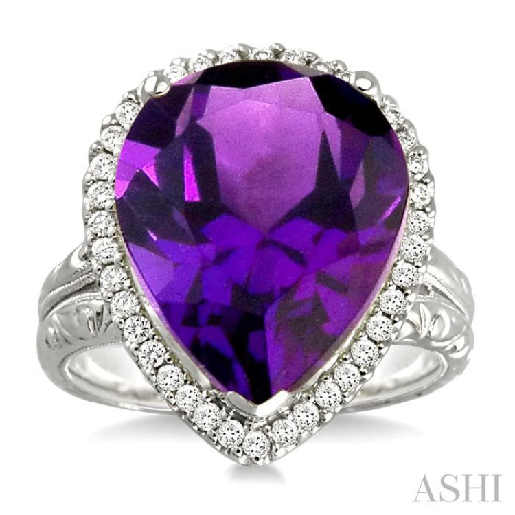 16x13mm Pear Shape Amethyst and 1/3 Ctw Round Cut Diamond Semi Precious Ring in 14K White Gold